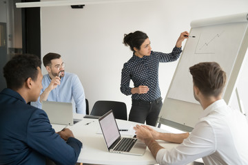 Indian instructor drawing a chart on a flipchart for professional trainees